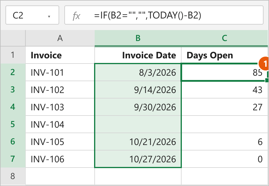 IF formula leaving column C empty where the invoice date in B5 is blank