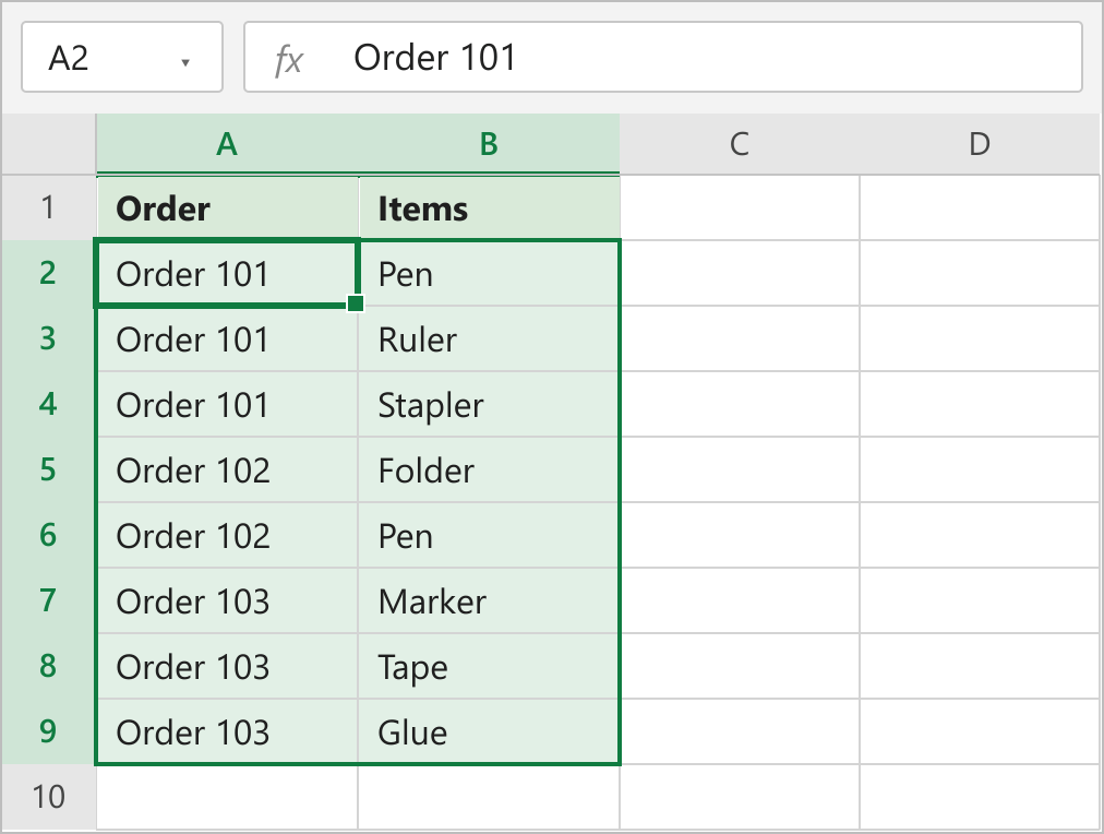 Power Query result table with each item on its own row next to its order number