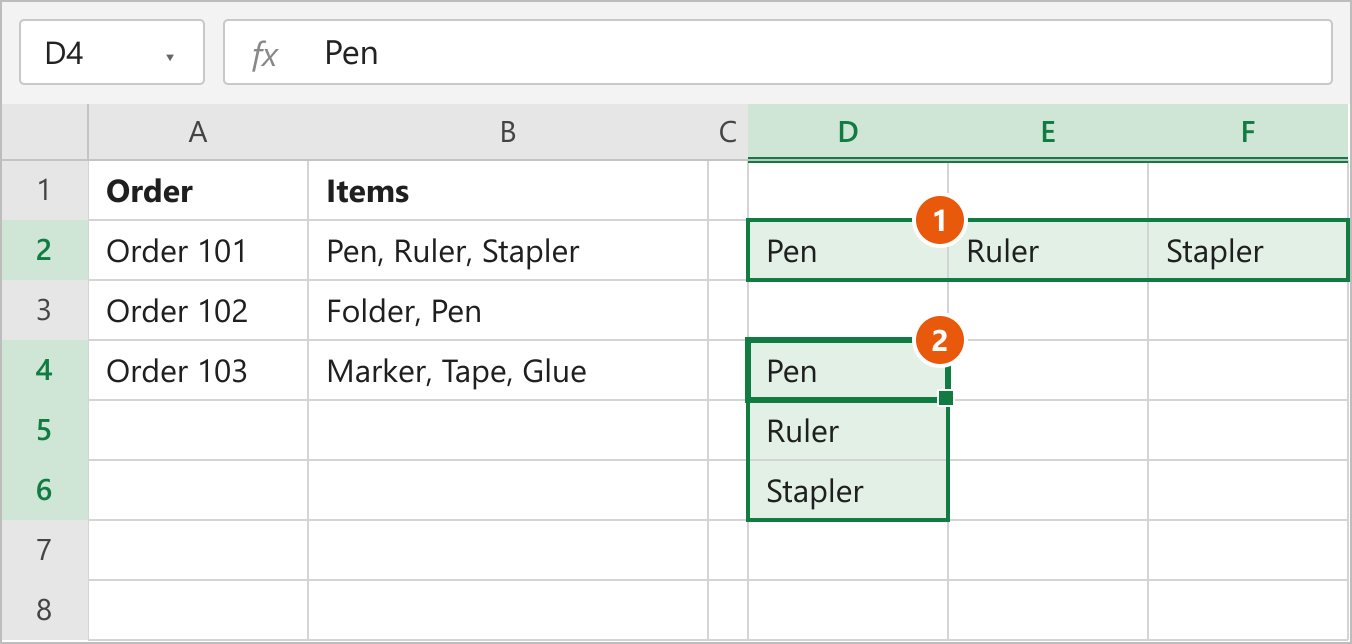 Items split across D2:F2 by Text to Columns and transposed into D4:D6