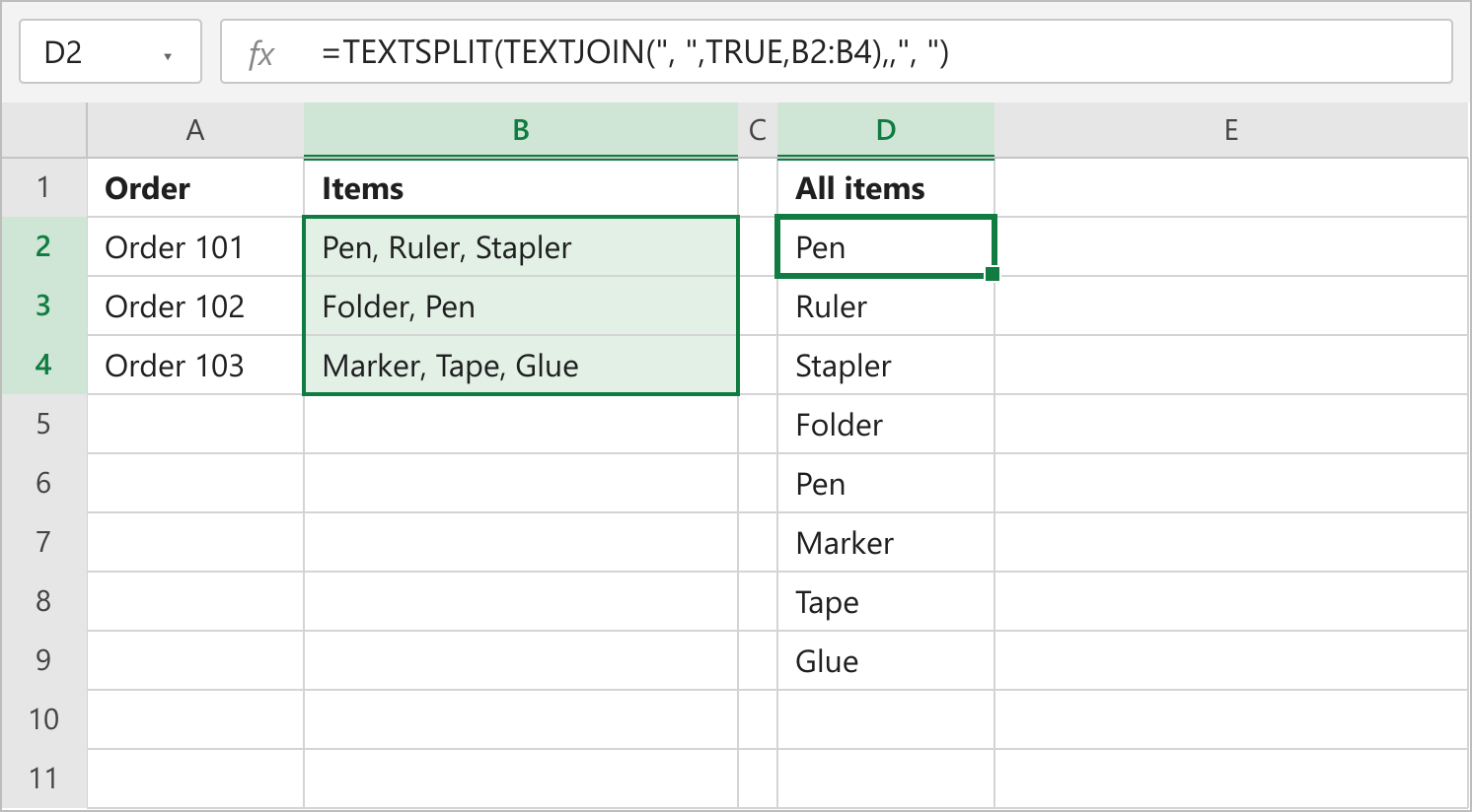 TEXTSPLIT with TEXTJOIN in D2 returning all eight items from B2:B4 in one column