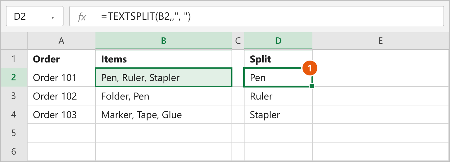 TEXTSPLIT formula in D2 splitting the items in B2 into D2:D4