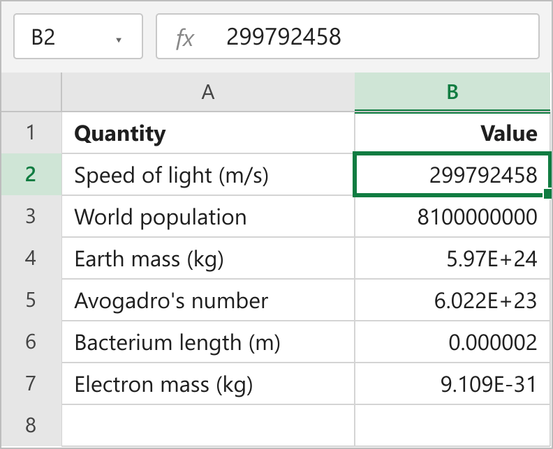 Six quantities in A1:B7 with large and small values in column B in the General format