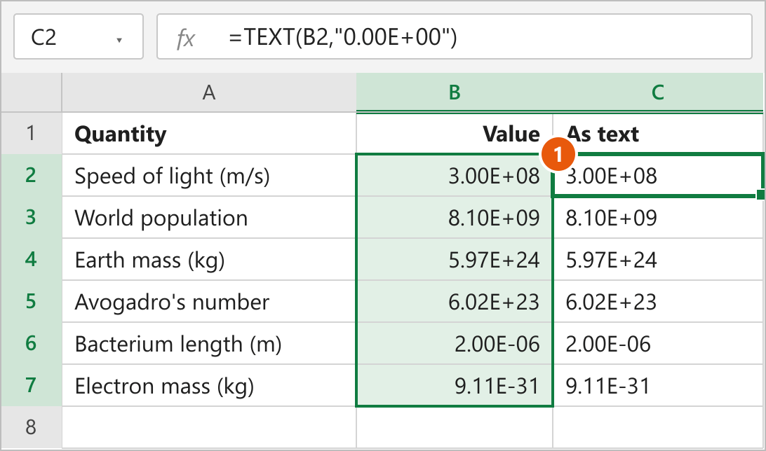 TEXT formula in C2 returning the text 3.00E+08 for the value in B2