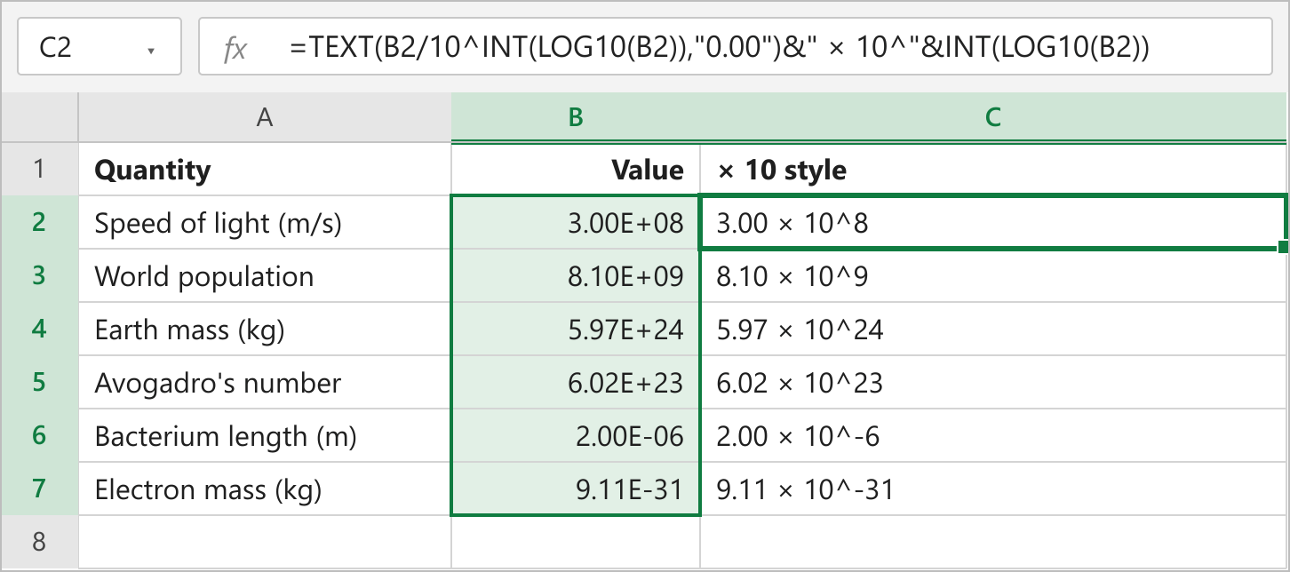 Formula in C2 returning 3.00 × 10^8 for the speed of light value in B2